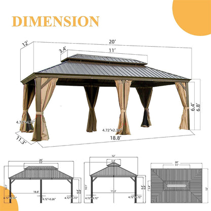 12x20 Ft Hardtop Gazebo, Outdoor Aluminum Frame Canopy with Galvanized Steel Double Roof