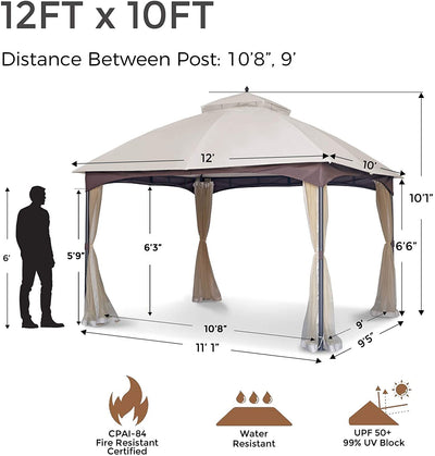 10x12 ft Softop Metal Gazebo, with Mosquito Net Sunshade Curtains - CheryLife