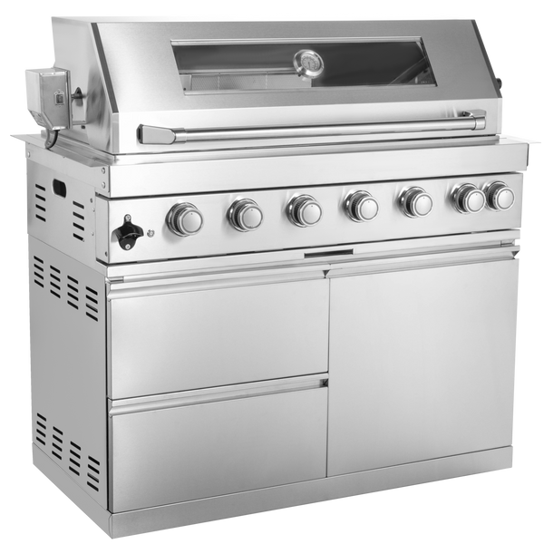 CheryLife 44-Inch 6-Burner 85000 BTU Deluxe Stainless Steel Gas Outdoor Kitchen Bar Barbecue Island Grill + Wine Cooler Compact Refrigerator + Rotisserie + Granite Countertops + Storage Cabinets & Drawers