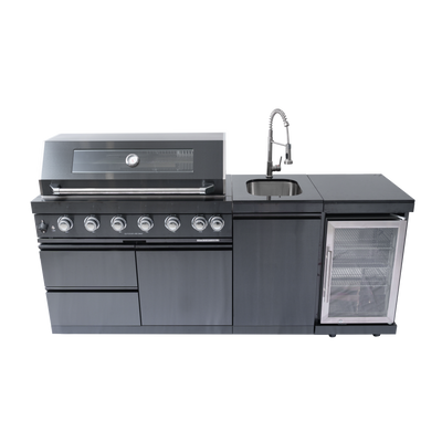 Cherylife SC2401A 85-Inch 85,000 BTU Natural Gas Grill Outdoor Kitchen Island – 6 Burner with Refrigerator, Wine Cooler, 32” Rotisserie, Granite Countertop & Sink