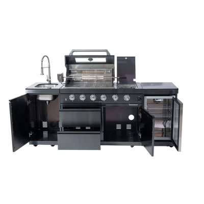 Cherylife 85-Inch 4-Burner 72,000 BTU Gas Grill Island – Outdoor Kitchen with Wine Cooler, Refrigerator, Rotisserie, Granite Countertops & Stainless Steel Sink