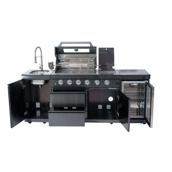 Cherylife 85-Inch 4-Burner 72,000 BTU Gas Grill Island – Outdoor Kitchen with Wine Cooler, Refrigerator, Rotisserie, Granite Countertops & Stainless Steel Sink