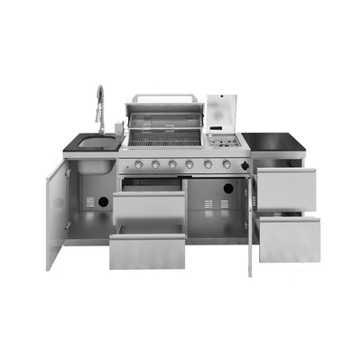Cherylife 85-Inch 4-Burner 72,000 BTU Gas Grill Island – Outdoor Kitchen with Rotisserie, Granite Countertops, Stainless Steel Sink & Storage
