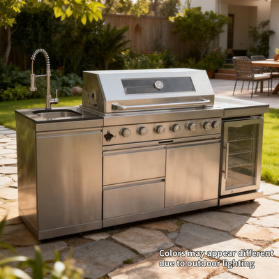 CheryLife All-in-One Outdoor Kitchen Island 85" – 85000 BTU Gas Grill with Built-in Refrigerator, Wine Cooler, Rotisserie & Granite Countertops