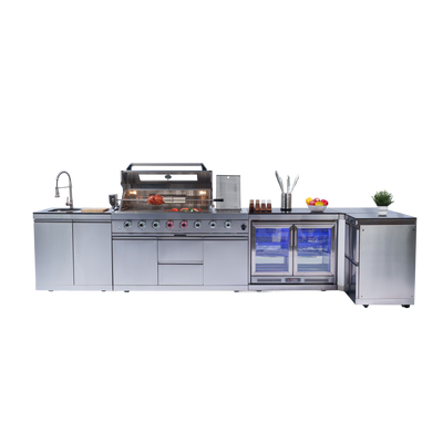 Cherylife 85-Inch 6-Burner 96,000 BTU Gas Grill Island – Outdoor Kitchen with Wine Cooler, Refrigerator, Rotisserie, Granite Countertops & Storage