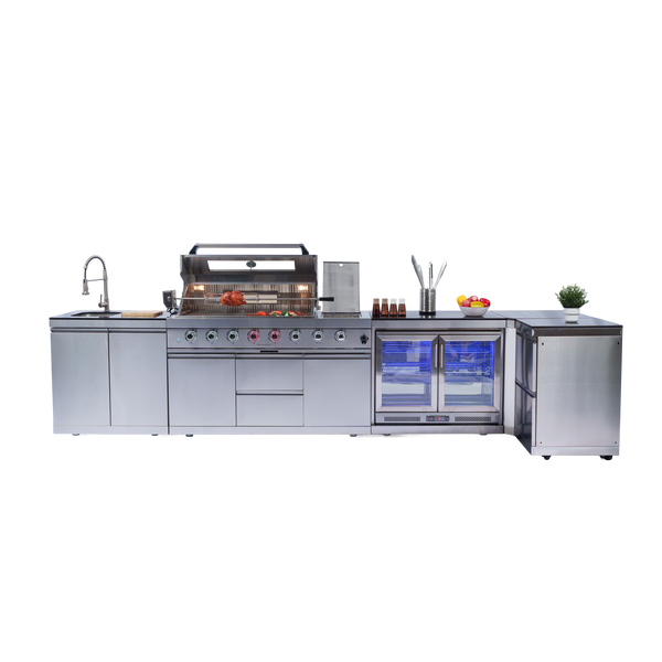 Cherylife 85-Inch 6-Burner 96,000 BTU Gas Grill Island – Outdoor Kitchen with Wine Cooler, Refrigerator, Rotisserie, Granite Countertops & Storage