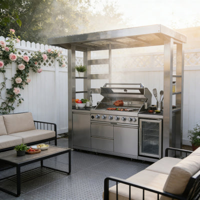 CheryLife 94-Inch 6-Burner 85000 BTU Outdoor Kitchen Gas Grill - 304 Stainless Steel BBQ Island with Wine Cooler, Fridge, Granite Countertops & Rotisserie