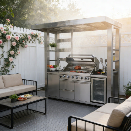 CheryLife 94-Inch 6-Burner 85000 BTU Outdoor Kitchen Gas Grill - 304 Stainless Steel BBQ Island with Wine Cooler, Fridge, Granite Countertops & Rotisserie