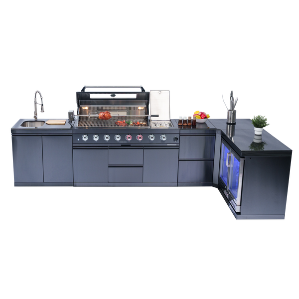 Cherylife 157-Inch 6-Burner 96,000 BTU Gas Grill Island – Outdoor Kitchen with Wine Cooler, Refrigerator, Rotisserie, Granite Countertops & Storage