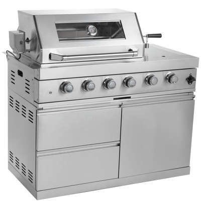 CheryLife 46-Inch 4-Burner 72000 BTU Deluxe Stainless Steel Gas Outdoor Kitchen Bar Barbecue Island Grill + Wine Cooler Compact Refrigerator + Rotisserie + Granite Countertops + Storage Cabinets & Drawers