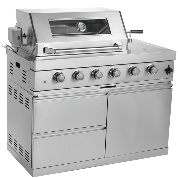 CheryLife 46-Inch 4-Burner 72000 BTU Deluxe Stainless Steel Gas Outdoor Kitchen Bar Barbecue Island Grill + Wine Cooler Compact Refrigerator + Rotisserie + Granite Countertops + Storage Cabinets & Drawers