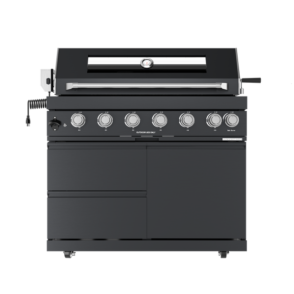 CheryLife 94-Inch 6-Burner 85000 BTU Deluxe Stainless Steel Gas Outdoor Kitchen Bar Barbecue Island Grill + Wine Cooler Compact Refrigerator + Rotisserie + Granite Countertops + Storage Cabinets & Drawers