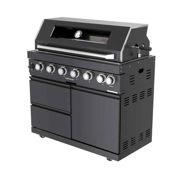 CheryLife 94-Inch 6-Burner 85000 BTU Deluxe Stainless Steel Gas Outdoor Kitchen Bar Barbecue Island Grill + Wine Cooler Compact Refrigerator + Rotisserie + Granite Countertops + Storage Cabinets & Drawers