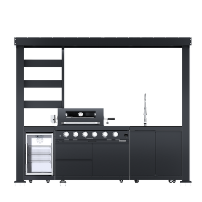 Cherylife NG 110-Inch 4-Burner 72,000 BTU Natural Gas Grill Island – Outdoor Kitchen with Wine Cooler, Compact Refrigerator, Rotisserie, Granite Countertops & Storage