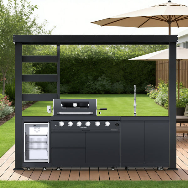 Cherylife NG 110-Inch 4-Burner 72,000 BTU Natural Gas Grill Island – Outdoor Kitchen with Wine Cooler, Compact Refrigerator, Rotisserie, Granite Countertops & Storage
