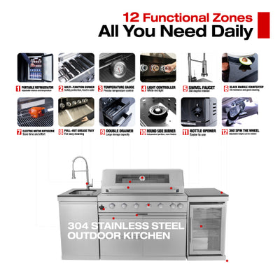 CheryLife 94-Inch 6-Burner 85000 BTU Outdoor Kitchen Gas Grill - 304 Stainless Steel BBQ Island with Wine Cooler, Fridge, Granite Countertops & Rotisserie