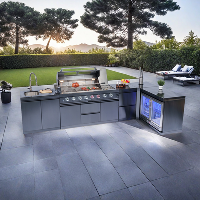 Cherylife 157-Inch 6-Burner 96,000 BTU Gas Grill Island – Outdoor Kitchen with Wine Cooler, Refrigerator, Rotisserie, Granite Countertops & Storage