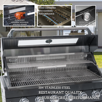 Cherylife 85-Inch 6-Burner 85,000 BTU Gas Grill Island – Outdoor Kitchen with Wine Cooler, Refrigerator, Rotisserie, Granite Countertops & Storage