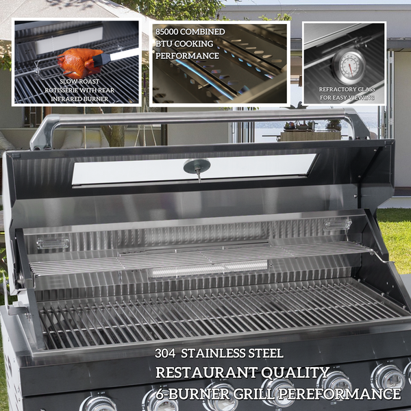 Cherylife 85-Inch 6-Burner 85,000 BTU Gas Grill Island – Outdoor Kitchen with Wine Cooler, Refrigerator, Rotisserie, Granite Countertops & Storage