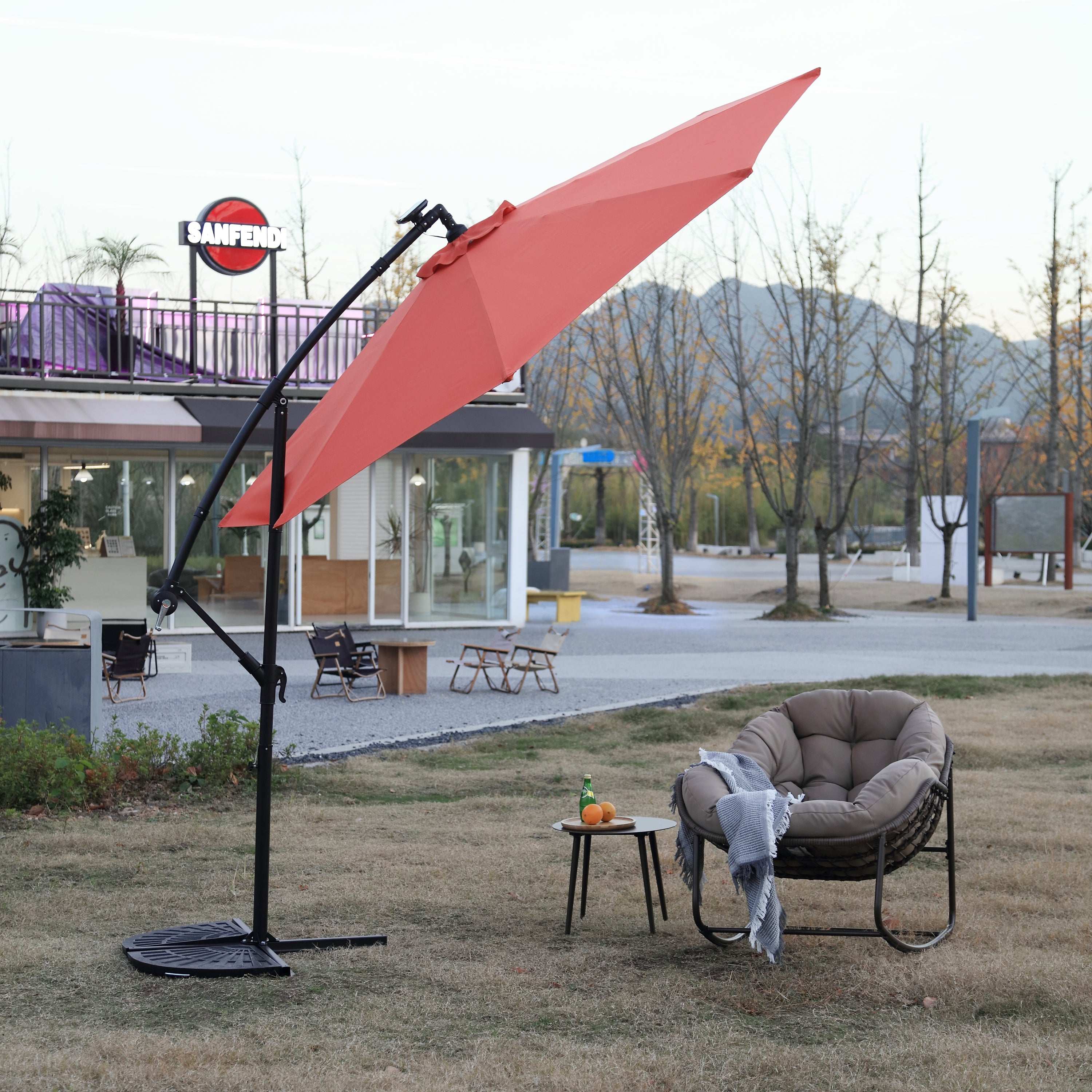 10ft Solar LED Offset Hanging Market Patio Umbrella (Orange) 10ft Solar LED Offset Hanging Market Patio Umbrella (Orange)