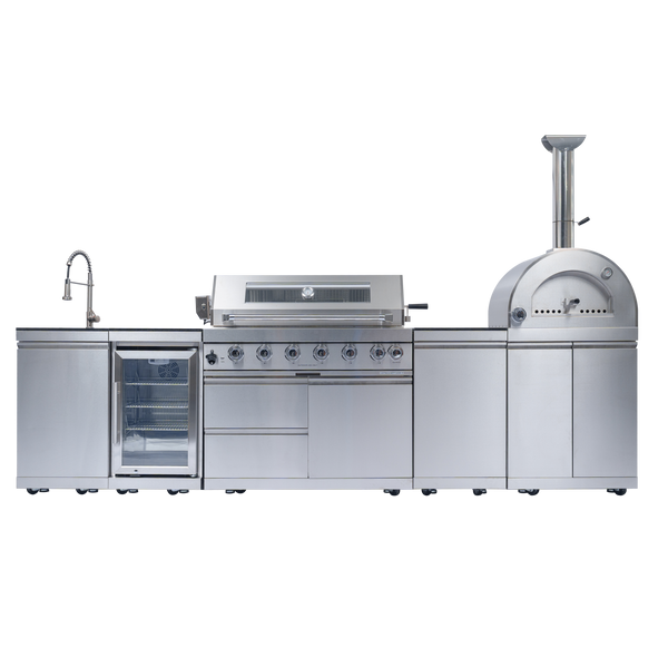 CheryLife 128-Inch Outdoor Kitchen Island - 120K BTU Gas BBQ Grill + Pizza Oven + Wine Cooler & Fridge - Stainless Steel