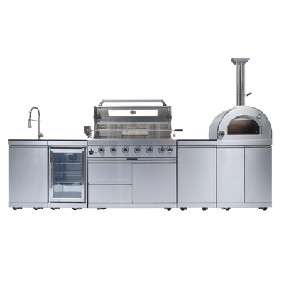 CheryLife 128-Inch Outdoor Kitchen Island - 120K BTU Gas BBQ Grill + Pizza Oven + Wine Cooler & Fridge - Stainless Steel