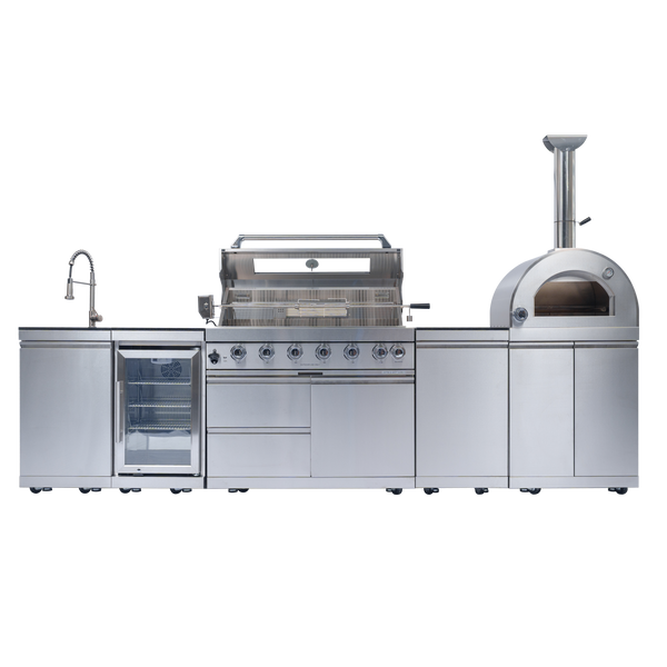 CheryLife 128-Inch Outdoor Kitchen Island - 120K BTU Gas BBQ Grill + Pizza Oven + Wine Cooler & Fridge - Stainless Steel