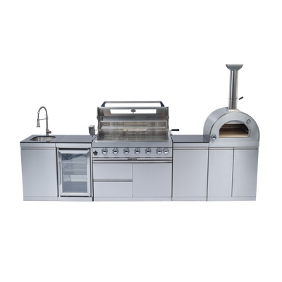 CheryLife 128-Inch Outdoor Kitchen Island - 120K BTU Gas BBQ Grill + Pizza Oven + Wine Cooler & Fridge - Stainless Steel