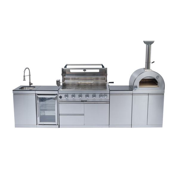CheryLife 128-Inch Outdoor Kitchen Island - 120K BTU Gas BBQ Grill + Pizza Oven + Wine Cooler & Fridge - Stainless Steel