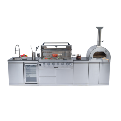 CheryLife 128-Inch Outdoor Kitchen Island - 120K BTU Gas BBQ Grill + Pizza Oven + Wine Cooler & Fridge - Stainless Steel