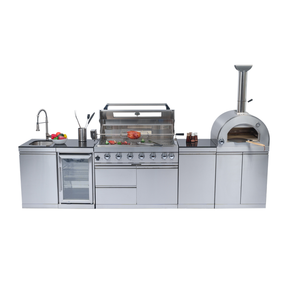 CheryLife 128-Inch Outdoor Kitchen Island - 120K BTU Gas BBQ Grill + Pizza Oven + Wine Cooler & Fridge - Stainless Steel