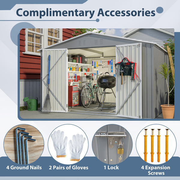 10x8 FT All-Weather Metal Storage Shed – Lockable Doors, Rustproof Steel, Easy Assembly for Garden, Patio, Backyard (Gray)