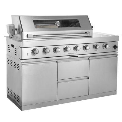 Cherylife 85-Inch 6-Burner 96,000 BTU Gas Grill Island – Outdoor Kitchen with Wine Cooler, Refrigerator, Rotisserie, Granite Countertops & Storage