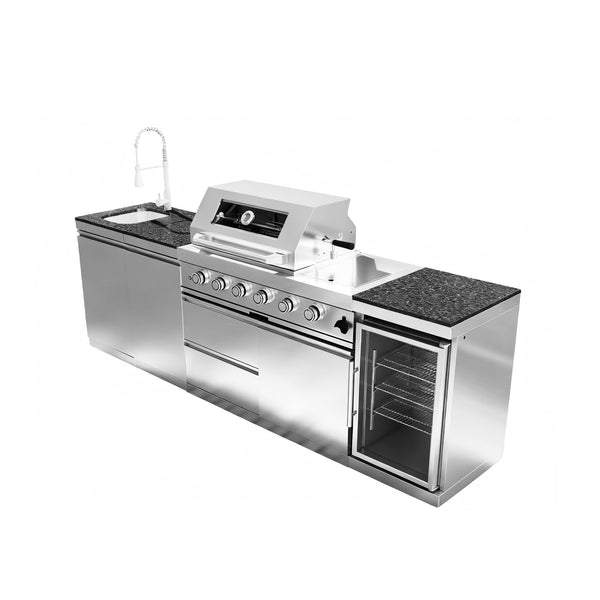 CheryLife 46-Inch 4-Burner 72000 BTU Deluxe Stainless Steel Gas Outdoor Kitchen Bar Barbecue Island Grill + Wine Cooler Compact Refrigerator + Rotisserie + Granite Countertops + Storage Cabinets & Drawers