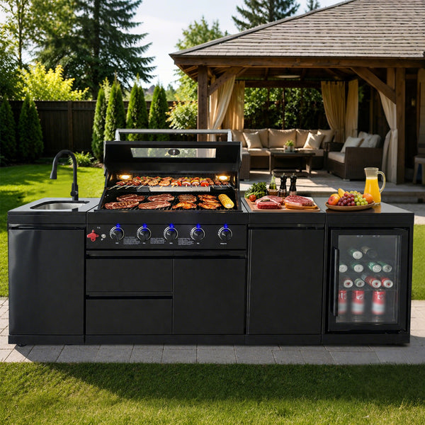 Cherylife 101-Inch 6-Burner 85,000 BTU Propane Gas Grill Island – Outdoor Kitchen with Wine Cooler, Refrigerator, Rotisserie, Marble Countertops & Sink