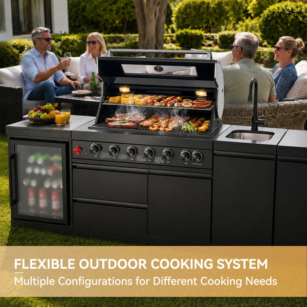 Cherylife 101-Inch 6-Burner 85,000 BTU Propane Gas Grill Island – Outdoor Kitchen with Wine Cooler, Refrigerator, Rotisserie, Marble Countertops & Sink