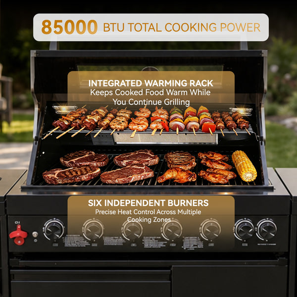 Cherylife 101-Inch 6-Burner 85,000 BTU Propane Gas Grill Island – Outdoor Kitchen with Wine Cooler, Refrigerator, Rotisserie, Marble Countertops & Sink