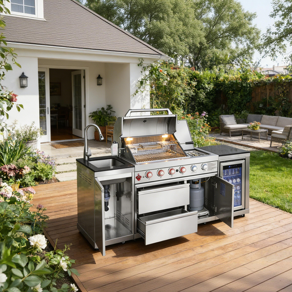 Cherylife 85.2-Inch 4+1 Burner 71,500 BTU Propane Gas Grill Island – Outdoor Kitchen with Sink, Refrigerator, Bar Table, CSA & ETL Certified, Stainless Steel