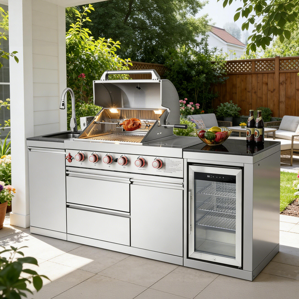 Cherylife 85.2-Inch 4+1 Burner 71,500 BTU Propane Gas Grill Island – Outdoor Kitchen with Sink, Refrigerator, Bar Table, CSA & ETL Certified, Stainless Steel