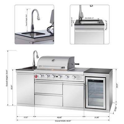 Cherylife 85.2-Inch 4+1 Burner 71,500 BTU Propane Gas Grill Island – Outdoor Kitchen with Sink, Refrigerator, Bar Table, CSA & ETL Certified, Stainless Steel