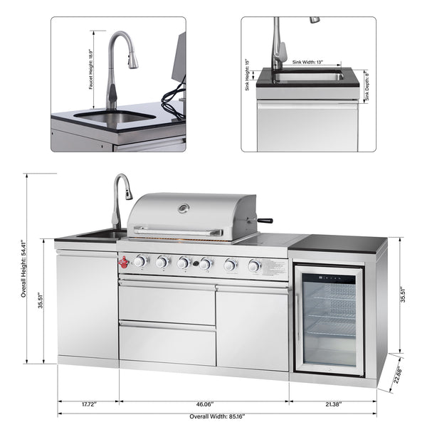 Cherylife 85.2-Inch 4+1 Burner 71,500 BTU Propane Gas Grill Island – Outdoor Kitchen with Sink, Refrigerator, Bar Table, CSA & ETL Certified, Stainless Steel