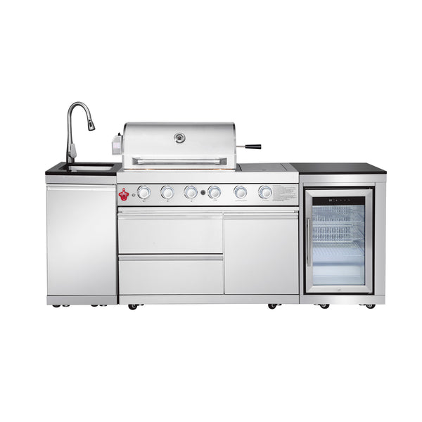 Cherylife 85.2-Inch 4+1 Burner 71,500 BTU Propane Gas Grill Island – Outdoor Kitchen with Sink, Refrigerator, Bar Table, CSA & ETL Certified, Stainless Steel