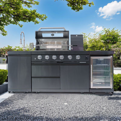 Cherylife 85-Inch 4-Burner 72,000 BTU Gas Grill Island – Outdoor Kitchen with Wine Cooler, Refrigerator, Rotisserie, Granite Countertops & Stainless Steel Sink