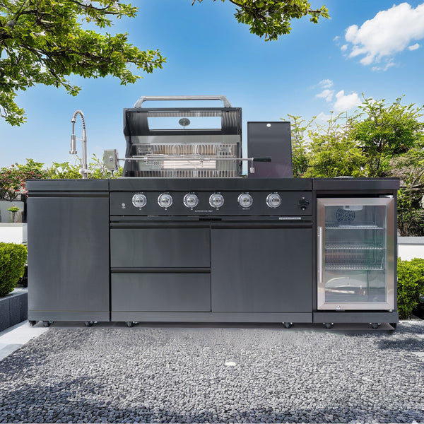 Cherylife 85-Inch 4-Burner 72,000 BTU Gas Grill Island – Outdoor Kitchen with Wine Cooler, Refrigerator, Rotisserie, Granite Countertops & Stainless Steel Sink