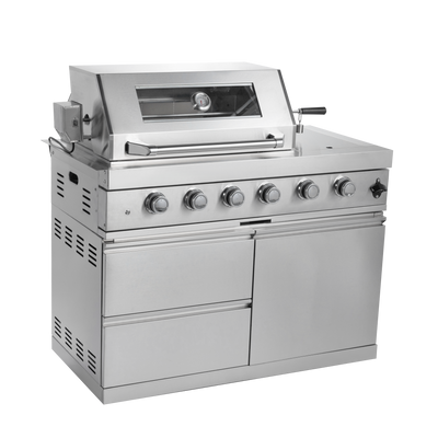 CheryLife 85-Inch 4-Burner 72000 BTU Deluxe Stainless Steel Gas Outdoor Kitchen Bar Barbecue Island Grill + Wine Cooler Compact Refrigerator + Rotisserie kit + Granite Countertops + Stainless steel Sink