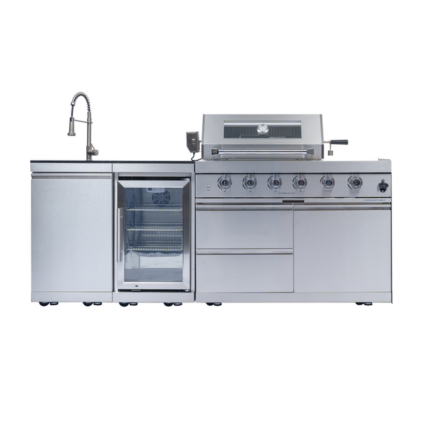 CheryLife 85-Inch 4-Burner 72000 BTU Deluxe Stainless Steel Gas Outdoor Kitchen Bar Barbecue Island Grill + Wine Cooler Compact Refrigerator + Rotisserie kit + Granite Countertops + Stainless steel Sink