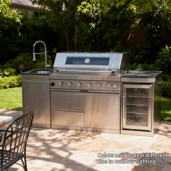 CheryLife All-in-One Outdoor Kitchen Island 85" – 85000 BTU Gas Grill with Built-in Refrigerator, Wine Cooler, Rotisserie & Granite Countertops