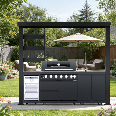 Cherylife NG 108-Inch 6-Burner 85,000 BTU Natural Gas Grill Island – Outdoor Kitchen with Wine Cooler, Refrigerator, Rotisserie, Granite Countertops & Storage
