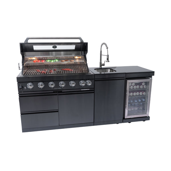 Cherylife SC2401A 85-Inch 85,000 BTU Natural Gas Grill Outdoor Kitchen Island – 6 Burner with Refrigerator, Wine Cooler, 32” Rotisserie, Granite Countertop & Sink