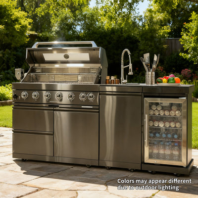 Cherylife SC2401A 85-Inch 85,000 BTU Natural Gas Grill Outdoor Kitchen Island – 6 Burner with Refrigerator, Wine Cooler, 32” Rotisserie, Granite Countertop & Sink